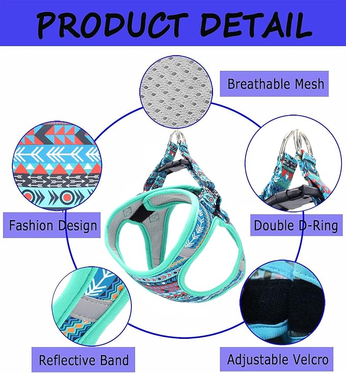 Moonpet Step in Boy Dog Harness Leash Set- All Weather Reflective No-Pull Padded Mesh Vest Harness for Cats Puppy Extra-Small Small Medium Large Dogs - Mayan Mysteries - L