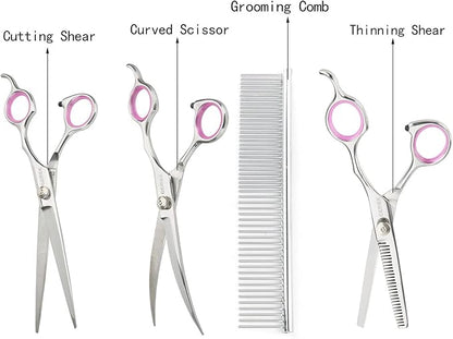 GEMEK Pet Cat Dog Grooming Scissors Set 4 Pieces Stainless Steel Professional Pet Trimmer Kit - 7.5 inch Straight Cutting, Thinning Shears, Curved, Grooming Combs