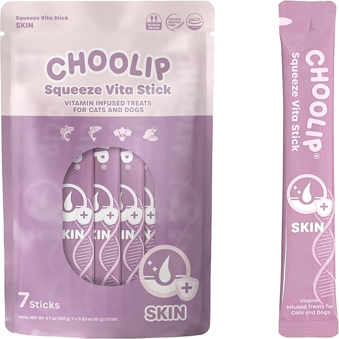 Choolip Squeeze Vita Stick Lickable Cat and Dog Treats, 7-Count Skin and Coat Support, Salmon and Pollack with Biotin and Omega-3, Vet-Formulated