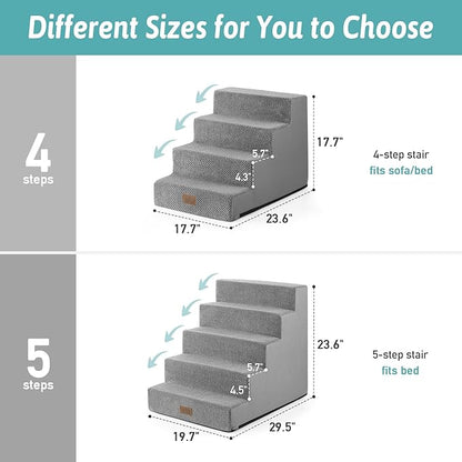 COZY KISS Dog Stairs for Small Dogs, 5 Tier Wider Pet Stairs for High Beds, 23.6" H Non-Slip Dog Steps for Old Cats, Puppies, Small Medium Dogs, 19.7x29.5x23.6 inch, Grey