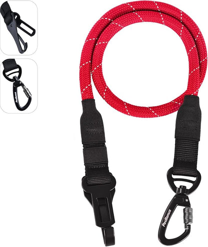 PetBonus Dog Seat Belt for Car, Durable Rope Dog Car Harness Seatbelt for Vehicle, Pet Tether Safety Restraint with Heavy Duty Buckle Hook Latch Lockable Clip for Small Medium Large Breeds (Red)