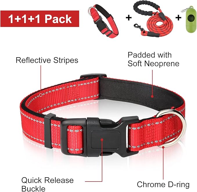 Dynmeow Reflective Dog Collar and Leash Set, 6FT Strong Climbing Rope Leash with Padded Handle, Adjustable Pet Collar with Soft Neoprene Padding for Medium Large Dogs, Red, M