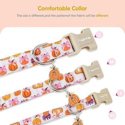 Faygarsle Fall Pumpkin Pattern Dog Collar with Charm, Adjustable Neckwear for Small Medium Large Dogs, Orange and Pink for Small Medium Large Dogs M