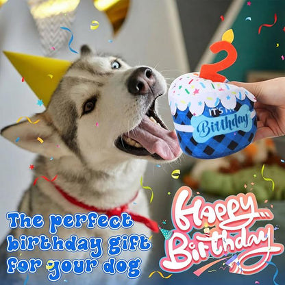 Dog 2nd Birthday Cake Toy Accessories for Girl Boy Gifts, Blue Grid Squeaky Plush Toy for Dog Birthday Party Decor Favor for Large, Medium and Small Dogs