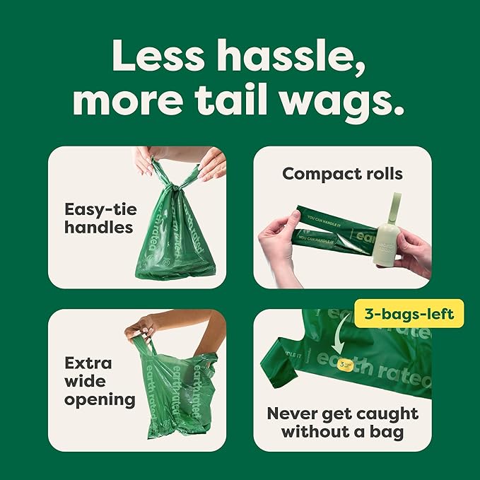 Earth Rated Dog Poop Bags with Handles on Refill Rolls, Easy-Tie on a Compact Roll, Extra Wide Opening, Guaranteed Leak-Proof, Unscented, 105 on Rolls
