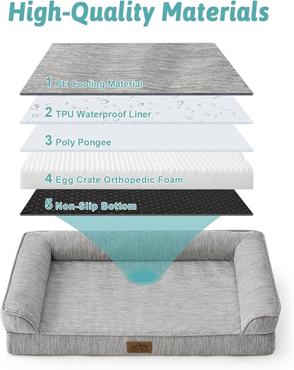 COZY KISS Cooling Dog Bed, Orthopedic Foam Dog Bed with Sides, Removable Cover & Waterproof Lining and Nonskid Bottom, Comfortable Pet Beds for Extra Large Dogs, Grey (48" L x 32" W x 7.5" Th)