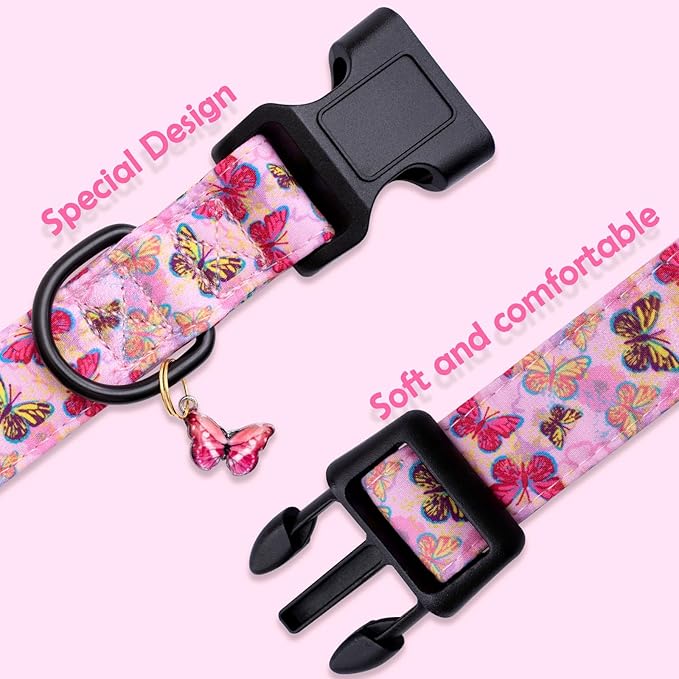 Faygarsle Dog Collar for Small Medium Large Dogs Cute Pink Puppy Collars for Female Dogs Butterfly Patterned Pet Collars for Summer Spring Wedding Puppy Necklace Girl Dog Collar M