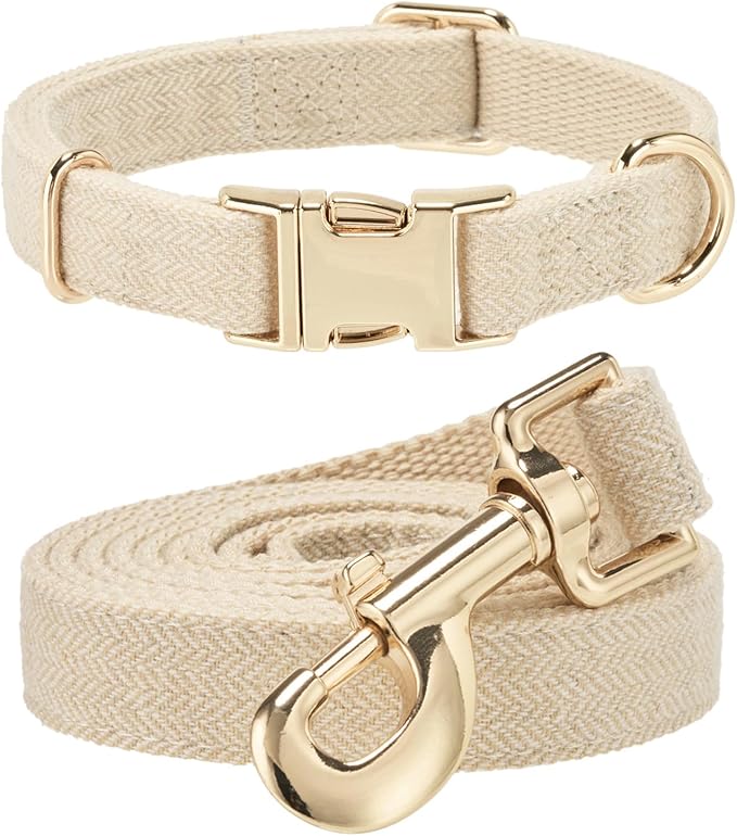 Ewinoom Soft Hemp Dog Collar and Leash Set Adjustable Woven Tweed Dog Collars with Metal Buckle and Lead for Small Medium Large Dogs,Beige