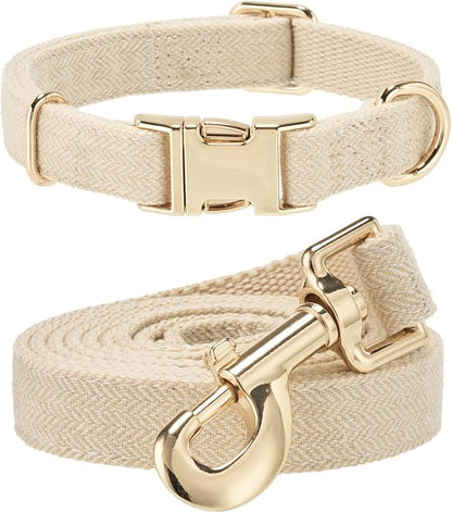 Ewinoom Soft Hemp Dog Collar and Leash Set Adjustable Woven Tweed Dog Collars with Metal Buckle and Lead for Small Medium Large Dogs,Beige