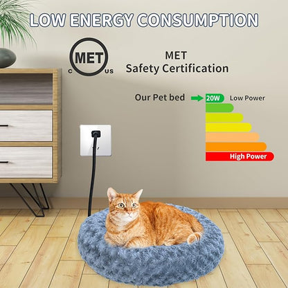 AUPETEK Heated Cat Beds for Indoor Cats Warming Cat Beds Super Soft Machine Washable Thermo Kitty Electric Heating Bed 19 Inches Round