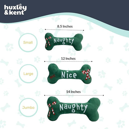 Huxley & Kent Funny Dog Toy w/Squeaker – Holiday Power Plush Squeaky Dog Toys for Small, Medium & Large Dogs – Soft Stuffed Animal for Indoor Play & Fetch - Naughty Nice Bone, Small