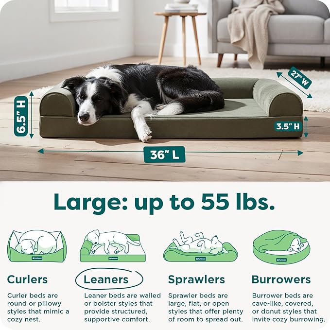 Furhaven Cooling Gel Dog Bed for Large/Medium Dogs w/ Removable Bolsters & Washable Cover, For Dogs Up to 55 lbs - Faux Fur & Velvet Sofa - Dark Sage, Large