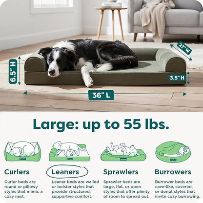 Furhaven Cooling Gel Dog Bed for Large/Medium Dogs w/ Removable Bolsters & Washable Cover, For Dogs Up to 55 lbs - Faux Fur & Velvet Sofa - Dark Sage, Large