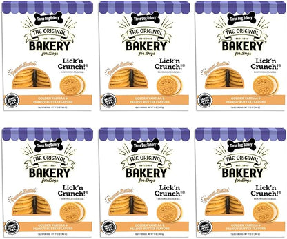 Three Dog Bakery Lick'n Crunch Sandwich Cookies Premium Dog Treats with No Artificial Flavors, Golden & Peanut Butter Flavor, 13 Ounces (Pack of 6)