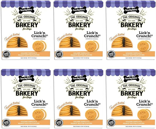 Three Dog Bakery Lick'n Crunch Sandwich Cookies Premium Dog Treats with No Artificial Flavors, Golden & Peanut Butter Flavor, 13 Ounces (Pack of 6)
