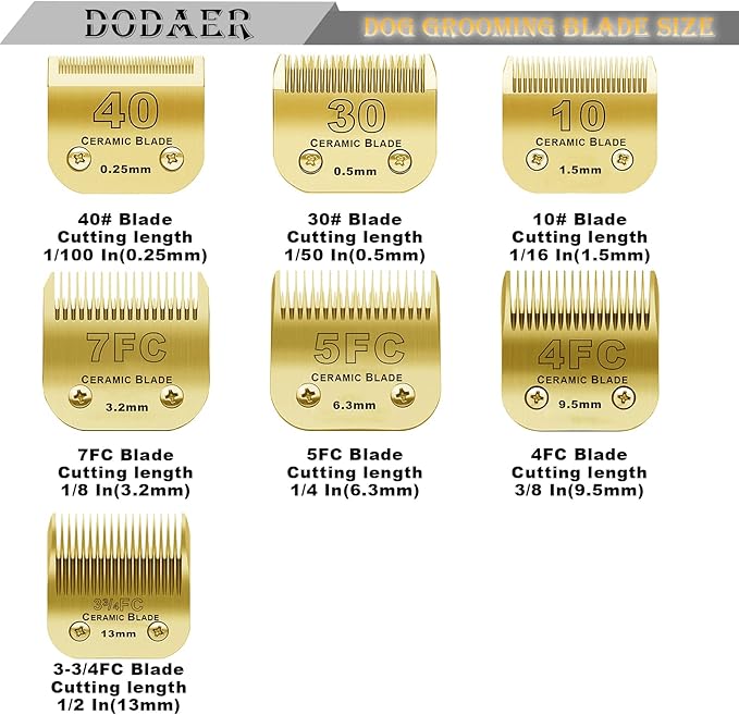 DODAER 7 Pack Detachable Pet Dog Grooming Clipper Ceramic Blades Set,Compatible with Andis,Oster A5,Wahl KM10 Series Clippers,Gold (10+30+40+7FC+5FC+4FC+3FC)