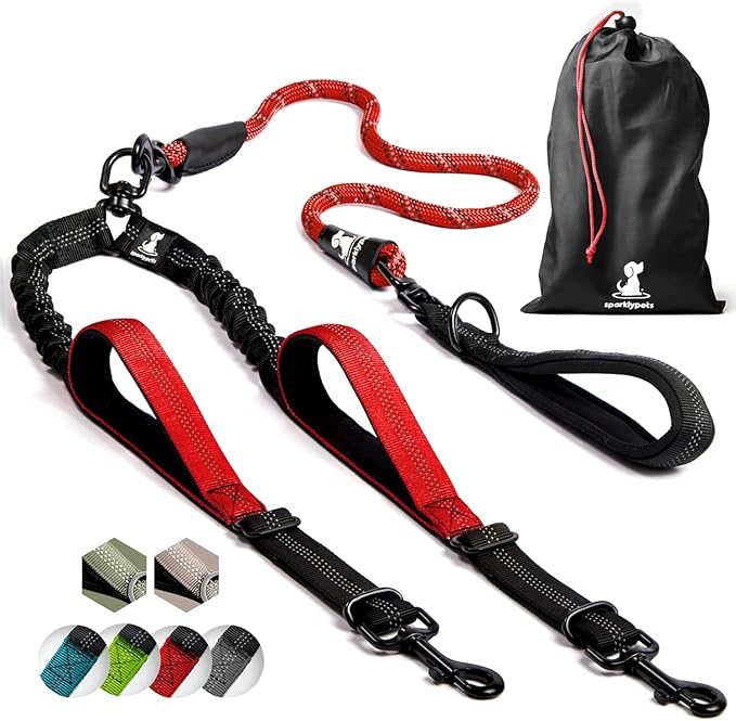 SparklyPets - Double Dog Bungee Rope Leash - Dual Dog Lead for Medium and Large Breeds - Padded Handles, No Tangle - Flow Leash, 2 Dogs Walking Accessory