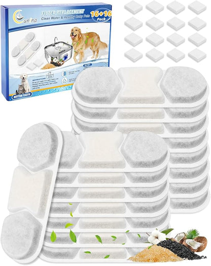 Cunina 16+16Pack Pet Water Fountain Filter, Compatible with MAILOFY 410oz/3.2Gal/12L Stainless Steel Large Dog Water Bowl Dispenser, Filters & Sponges 4-Layer Dog Water Filter Replacement System
