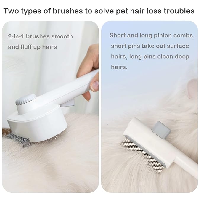 LGYJQTCMG Pet Grooming Combo with Release Button - 2-in-1 Pet Detangling Brush and Cat Dematting Comb with Long & Short Stainless Steel Metal Teeth Easy to Remove Loose Undercoat,Matted Fur & Tangles