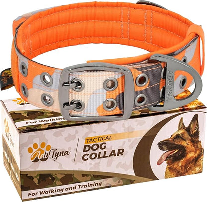 ADITYNA Heavy Duty Dog Collar for Medium Dogs - Camo Orange Collar with Handle for Training, and Walking - Wide, Thick, Tactical, Soft Neoprene Padded