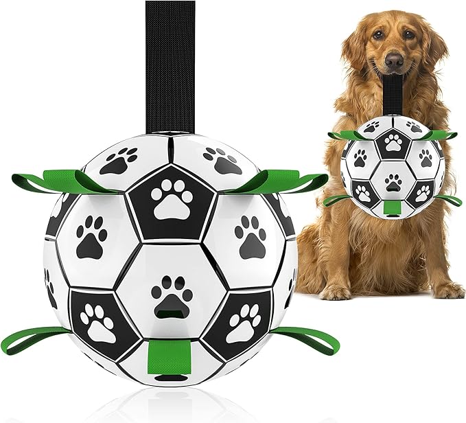 QDAN Large Dog Toys, 8 Inch Soccer Ball for Dogs with Straps, World Cup Interactive Toys for Tug of War, Puppy Birthday Gifts, Water Toy, Durable Dog Balls for Medium Large