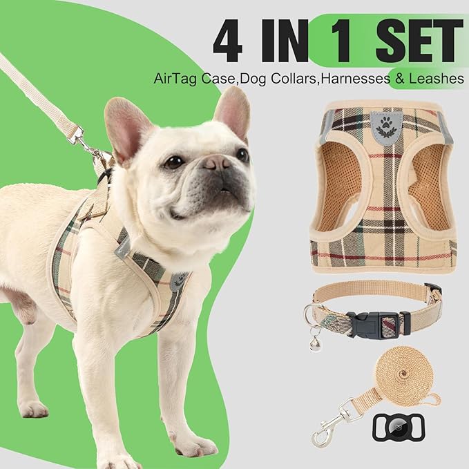 EXPAWLORER Plaid Small Dog Harness and Leash Set with AirTag Holder - Soft Padded Step in Dog Vest Harness Medium Sized Dog, No Pull Reflective Puppy Harness, Collar and Leash for Walking, Khaki L
