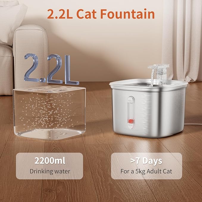 Cat Water Fountain, 74.4oz/2.2L Stainless Steel Cat Fountain for Drinking with Waterfall Effluent, Silent Pet Drinking Dispenser with Float Water Level for Small Animal