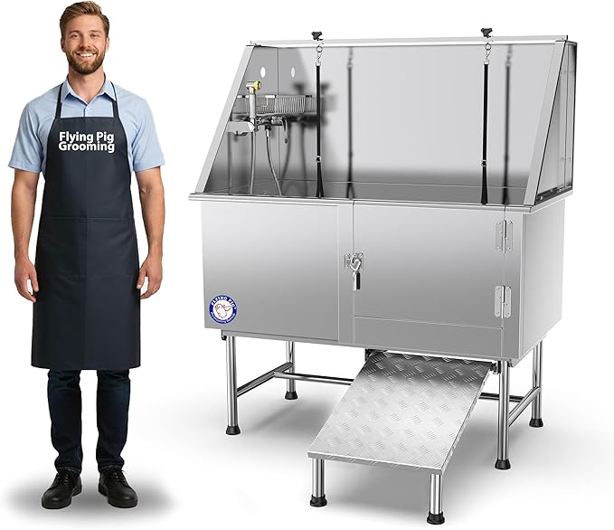 Flying Pig 50" Stainless Steel Pet Dog Grooming Bath Tub with Walk-in Ramp & Accessories (Right Door/Left Drain)