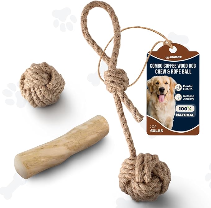 3Pcs Natural Coffee Wood Dog Chew and Hemp Ball Toys for Large & XL Dog Over 70lbs - 100% Organic Toys for Teeth Cleaning, Reduces Stress, Mental Stimulation