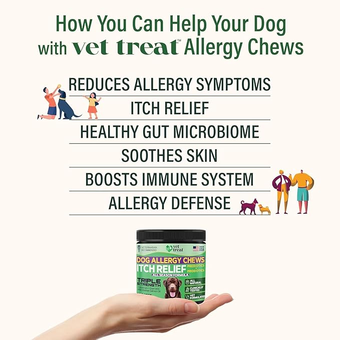 Vet Treat Dog Allergy Relief Chews - 170 Dog Allergy Chews - Itch Relief for Dogs - Anti Itch for Dogs - Dry & Itchy Skin - Allergies & Immune Support Supplement, Omega 3 Fish Oil, Colostrum - USA