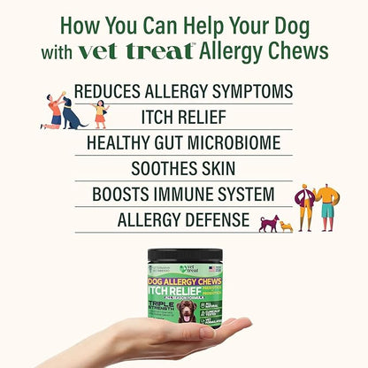 Vet Treat Dog Allergy Relief Chews - 170 Dog Allergy Chews - Itch Relief for Dogs - Anti Itch for Dogs - Dry & Itchy Skin - Allergies & Immune Support Supplement, Omega 3 Fish Oil, Colostrum - USA