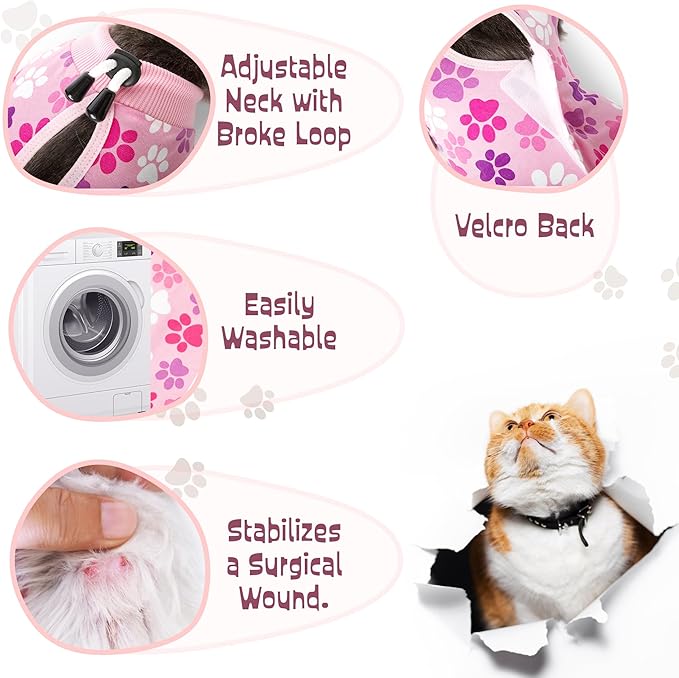 Cat Recovery Suit: Pink Cat Surgery Recovery Suit Female w/Paw Print Design - Elastic, Soft & Breathable Cat Recovery Suit for Spay - Washable Cat Surgery Suit for Post-Operative Healing Process.