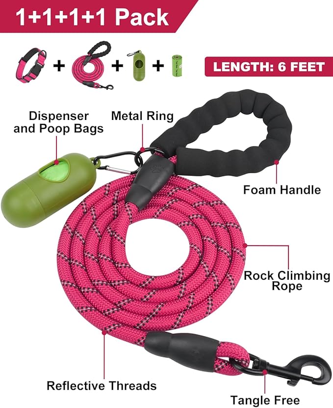 Dynmeow Reflective Dog Collar and Leash Set, 6FT Strong Climbing Rope Leash with Padded Handle, Adjustable Pet Collar with Soft Neoprene Padding for Large Dogs, Hot-Pink, L