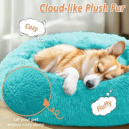 JOLLYVOGUE Calming Dog Bed Medium Size Dog, Anti-Anxiety Donut Medium Pet Bed, 27 inches Fluffy Faux Fur Round Cat Bed (Aqua Blue)