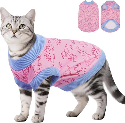 DENTRUN Sleeveless Cat Vest with Dinosaur Print, Breathable Ultra-Soft Dralon Fleece Cat Sweater, All-Season Pet Costume Apparel for Cats, Kitten Clothing for Indoor/Outdoor, Pink, XS