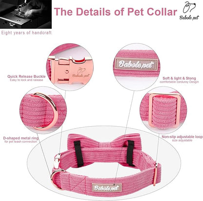 Hot Pink Dog Collars for Medium Dog,Cute Corduroy Dog Collar with Bow Tie Safety Metal Buckle Adjustable Puppy Collars for Small Medium Large Boy&Girl Dogs