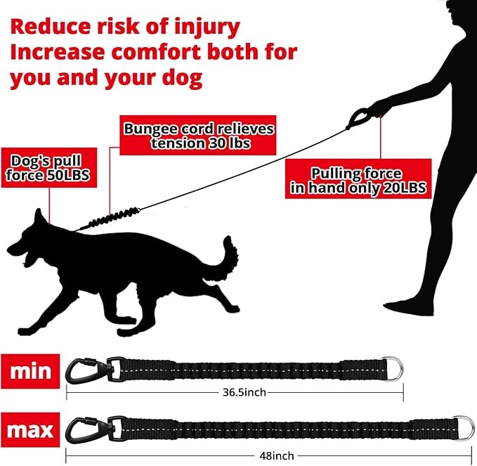Rope Dog Leash 6 FT: Heavy Duty Leashes with Swivel Lockable Hook Reflective Threads Bungee and Padded Handle - Dog Lead for Large Small Medium Dogs Outside Walking Hiking Red Black