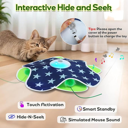 Saolife Interactive Cat Toys with Moving Feather Concealed in Mat, Motion Activated, Mouse Squeaky, Rechargeable Cat Exercise Toys for Bored Cats