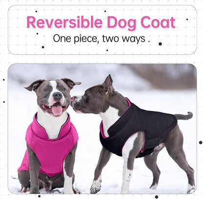 Lelepet Reversible Dog Coat Waterproof Dog Jacket Windproof Puffer Vest for Winter Warm Lightweight Coats for Large Dogs Adjustbale Hook & Loop Pet Apparel with Leash Hole, Pitbull, Rose Red, XL