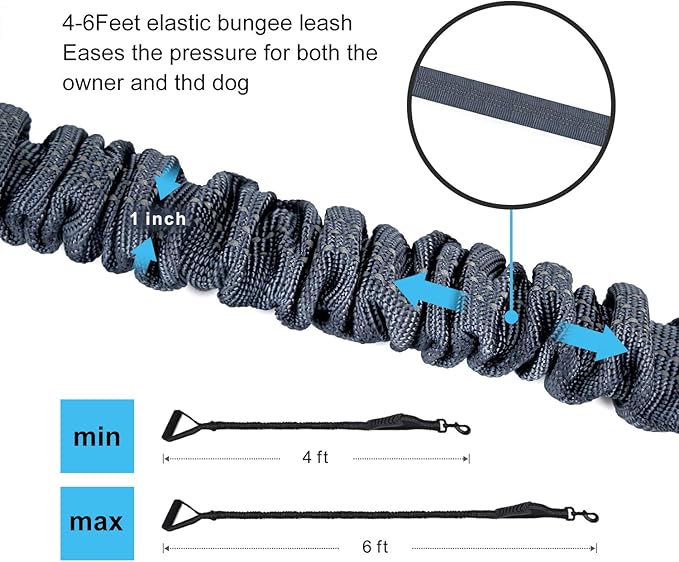 LEADSOM 6FT Highly Reflective Heavy Duty Elastic Bungee Medium and Large Dog Leash Shock Absorbing with Comfortable Padded Handle and Traffic Handle Suitable for Training Grey