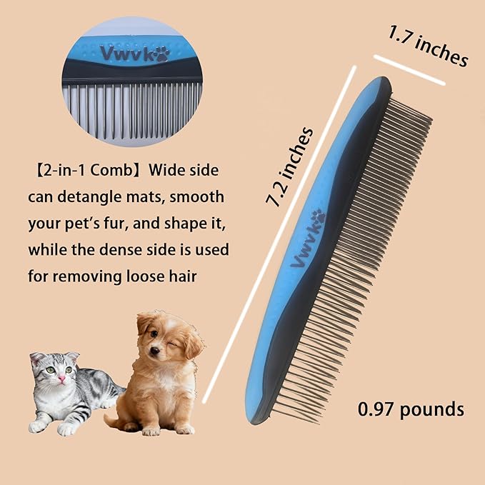 Pet Grooming Combo - Blue Deshedding Brush with Metal Comb, Professional Detangling & Dematting Tool for Long/Matted Fur on Cats and Dogs