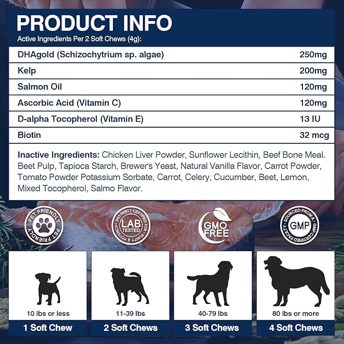 Omega 3 Skin and Coat Supplement for Dogs 200 Chews Dog Fish Oil Supplements with EPA & DHA Fatty Acids Dry Skin Relief for Dogs Shedding Allergy Itching Promotes Heart Hip Joint(Peanut Butter)