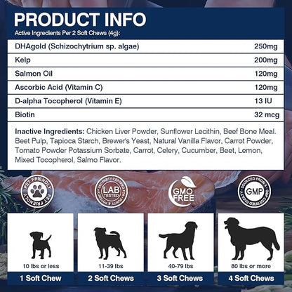 Omega 3 Skin and Coat Supplement for Dogs 200 Chews Dog Fish Oil Supplements with EPA & DHA Fatty Acids Dry Skin Relief for Dogs Shedding Allergy Itching Promotes Heart Hip Joint(Peanut Butter)