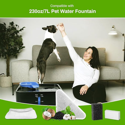 6 Pack Replacement Filters for 230oz Dog Water Fountain, Water Fountain Filter Replacement for 5 Layers Filtration System 7L Pet Fountain, 6 Filters+ 8 Sponges+6 Mesh Bags for 1.8GAL Dog Water Bowl