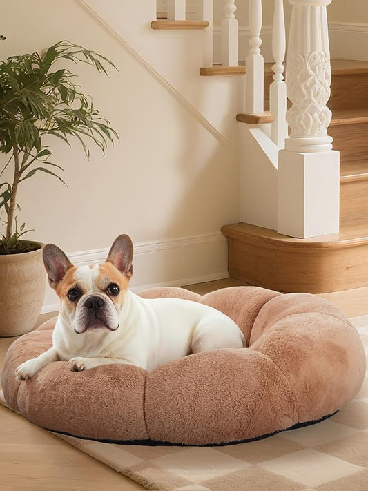 OhGeni 27 inches Calming Donut Dog & Cat Bed for Medium Pets, Warming Comfort Fluffy Short Pile Fur, Durable Machine Washable, Cute Round Bed for Puppy and Kitten, Camel