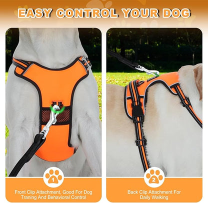 No Pull Dog Harness with 3 Snap Buckles,No Choke Front Lead pet Harness Reflective and Adjustable Soft Padded Vest for Small Medium Large Dog (Orange, Medium)