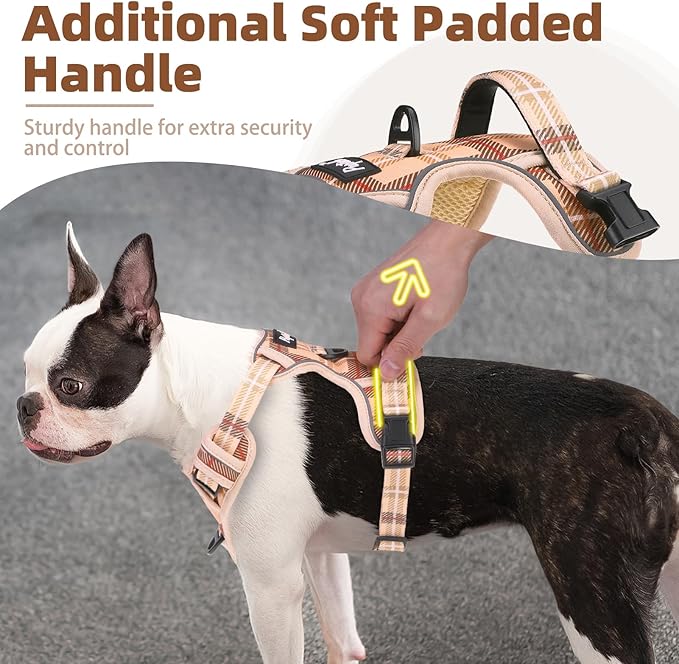 PUPTECK No Pull Dog Harness Medium Sized, Adjustable Reflective Dog Harness with Handle Easy Control, Comfortable Soft Padded Pet Vest Harness for Medium Dogs, Plaid Beige M