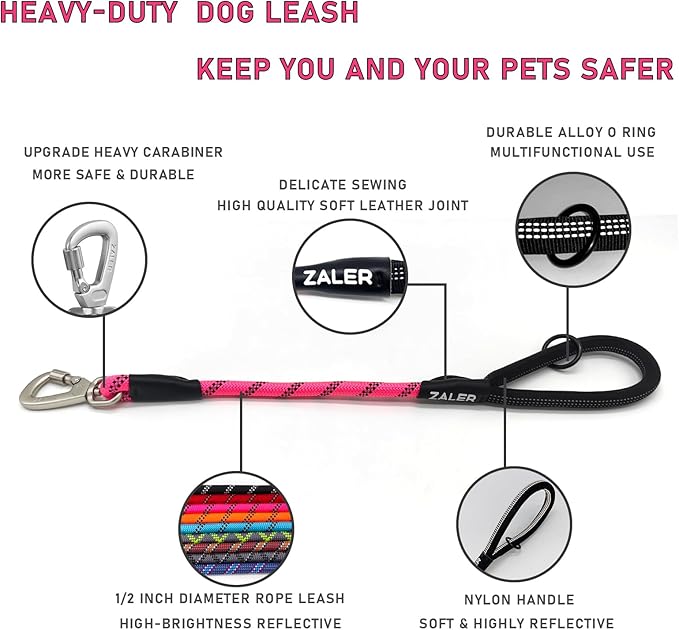 ZALER Short Dog Leash, 26 Inches Rope Traffic Leashes for Dogs, Reflective Dog Lead with O-Ring, Heavy Duty Pet Leash for Large and Medium Dogs (26'' Pink)