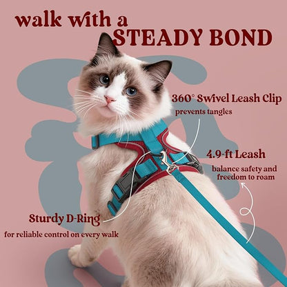 rabbitgoo Cat Harness and Leash for Walking, Escape Proof Soft Adjustable Vest Harnesses for Cats, Easy Control Breathable Reflective Strips Jacket, Red & Teal, M