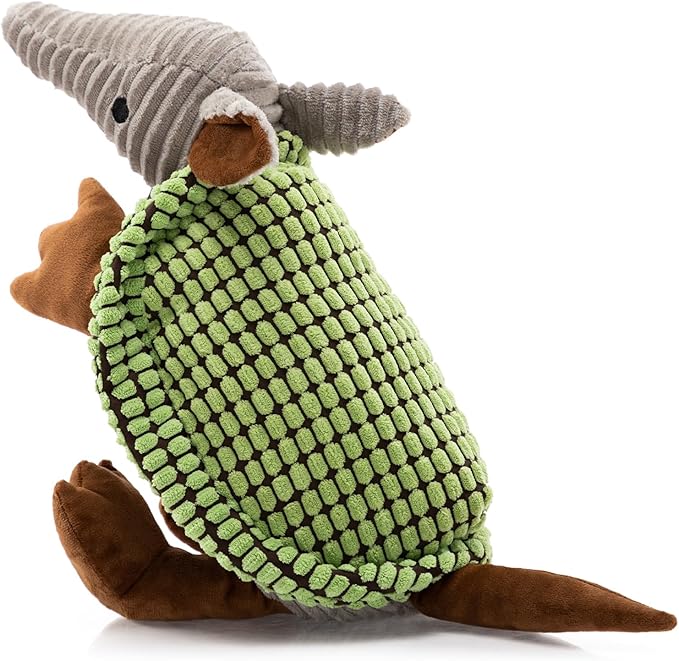 Hollypet Plush Dog Squeaky Toy Stuffed Armadillo Animal Pet Puppy Chew Toys with Clean Teeth for Small Medium Large All Breed Sizes Dogs, Green, 14 in
